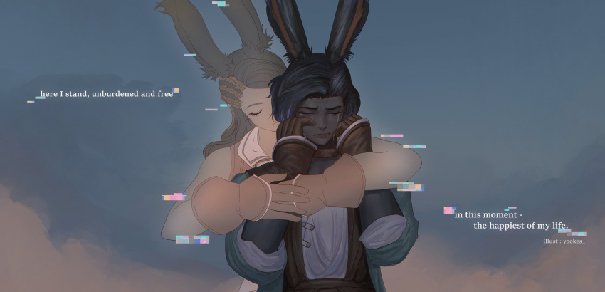 1boy, 1girl, absurdres, animal_ears, artist_name, behind_another, black_hair, blue_gloves