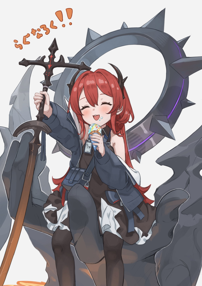 1girl, absurdres, aged_down, arknights, bag, black_dress, black_pantyhose, blue_jacket