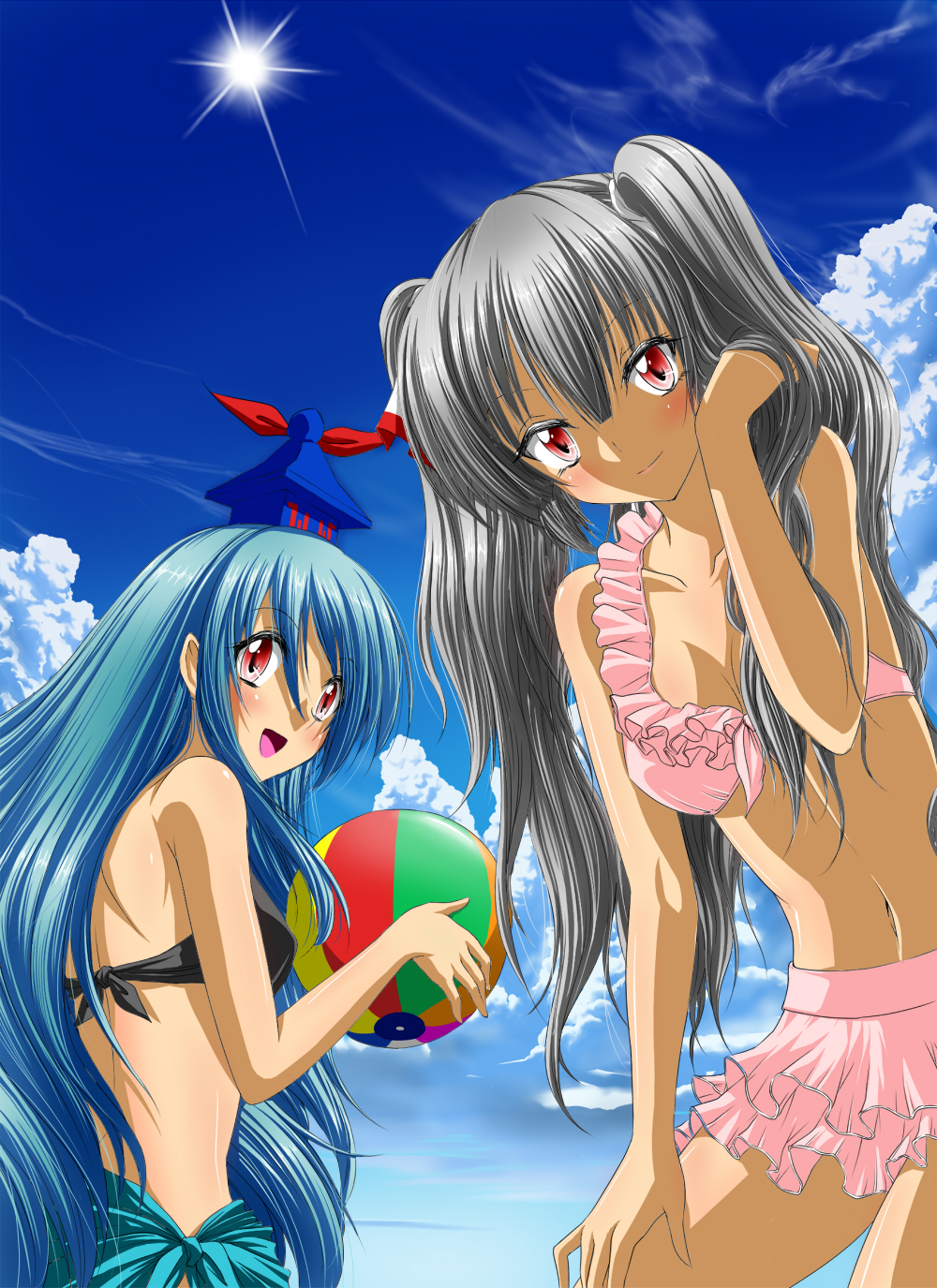 alternate_hairstyle, bakayoko, ball, beachball, bikini, blue_hair, blush, frilled_bikini