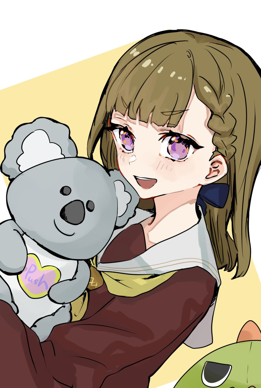 1girl, :d, blush, braid, brown_dress, brown_hair, center-flap_bangs, dress