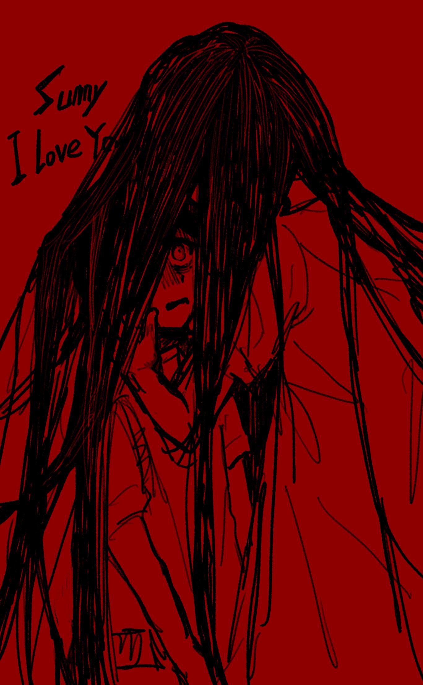 1boy, 1girl, brother_and_sister, collared_shirt, english_text, highres, incognito_qing, long_hair, looking_at_another, mari_(faraway)_(omori), mari_(omori), monochrome, omori, parted_lips, red_background, scared, shirt, short_hair, short_sleeves, siblings, simple_background, spoilers, sunny_(omori), sweater_vest