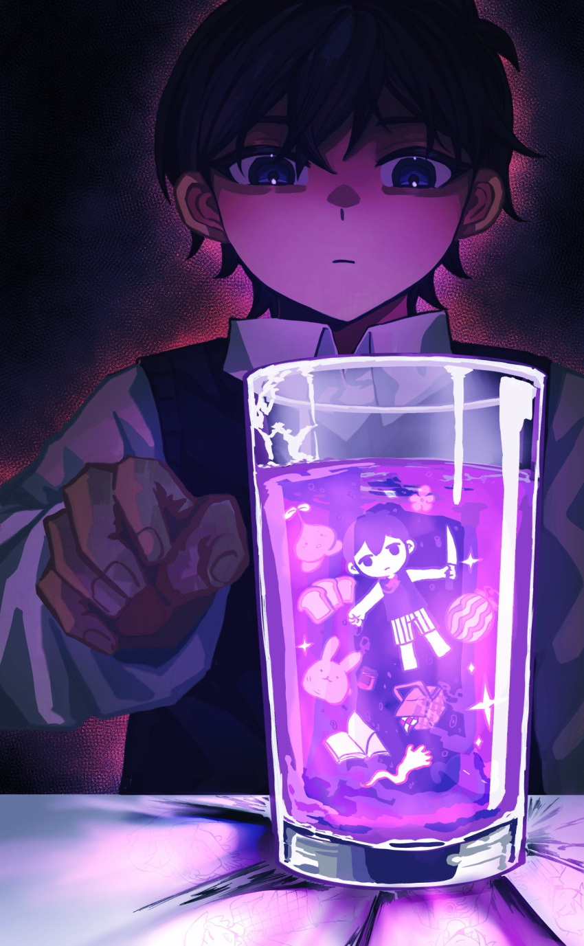 2boys, alternate_sleeve_length, black_eyes, black_hair, black_sweater_vest, closed_mouth, collared_shirt, cup, drinking_glass, expressionless, forest_bunny_(omori), highres, incognito_qing, long_sleeves, male_focus, multiple_boys, omori, omori_(omori), shirt, sprout_mole, sunny_(omori), sweater_vest, white_shirt