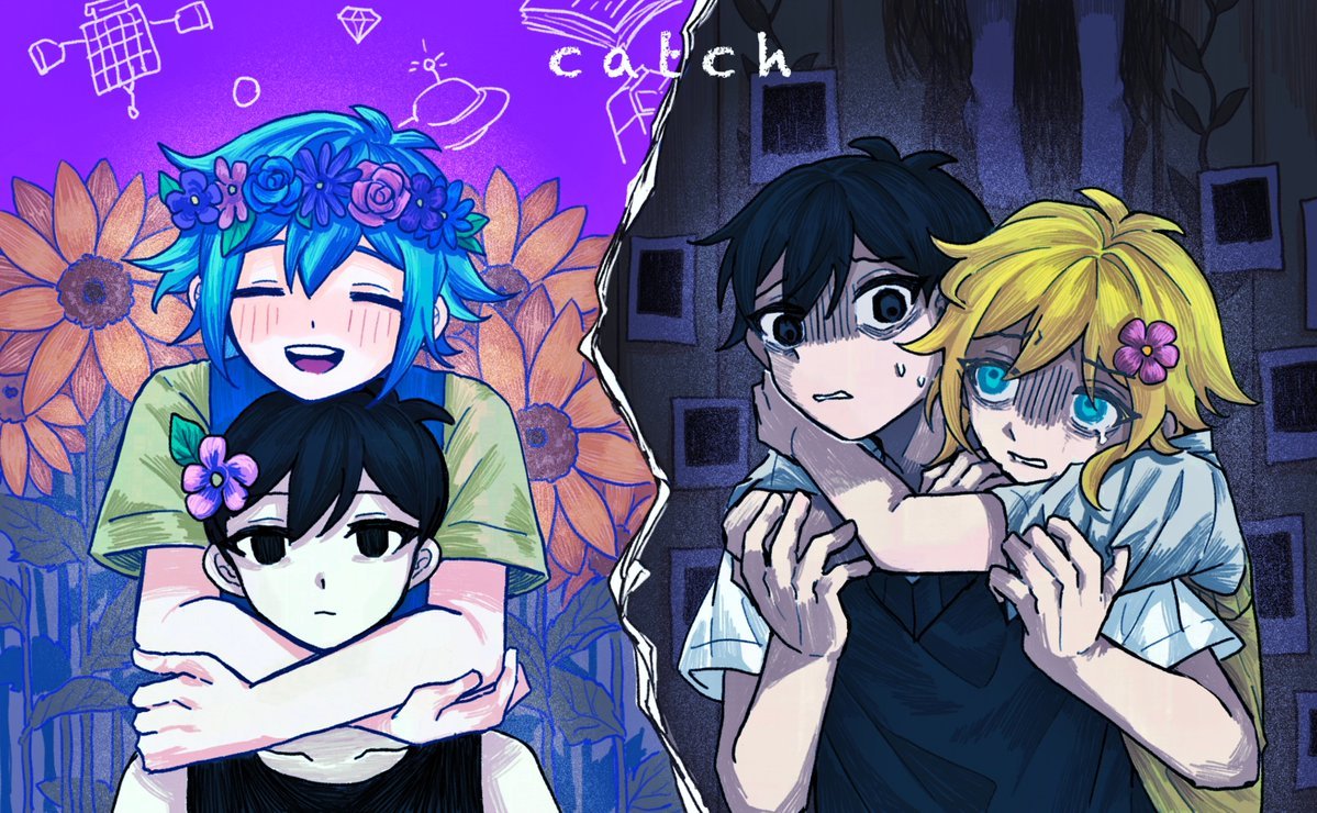 1girl, 4boys, antenna_hair, basil_(faraway)_(omori), basil_(headspace)_(omori), basil_(omori), black_eyes, black_hair, black_sweater_vest, black_tank_top, blonde_hair, blue_eyes, blue_overalls, blush, closed_eyes, closed_mouth, collared_shirt, colored_skin, crossed_arms, expressionless, flower, green_hair, green_shirt, green_sweater_vest, hair_flower, hair_ornament, head_wreath, incognito_qing, looking_at_another, looking_at_viewer, male_focus, mari_(faraway)_(omori), mari_(omori), multiple_boys, omori, omori_(omori), open_mouth, overalls, parted_lips, photo_(object), scared, shirt, short_hair, short_sleeves, smile, spoilers, sunny_(omori), sweater_vest, t-shirt, tank_top, teeth, upper_teeth_only, white_shirt, white_skin