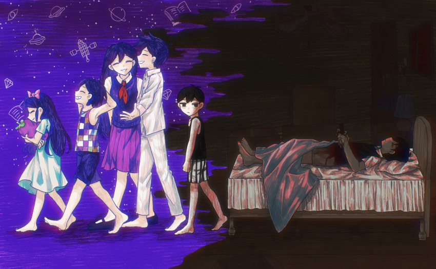 2girls, 4boys, arms_behind_head, arms_up, aubrey_(headspace)_(omori), aubrey_(omori), barefoot, bed