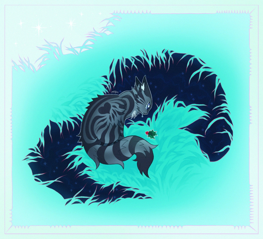 animal, animal_focus, aqua_theme, blue_eyes, border, cat, cinderheart, commentary