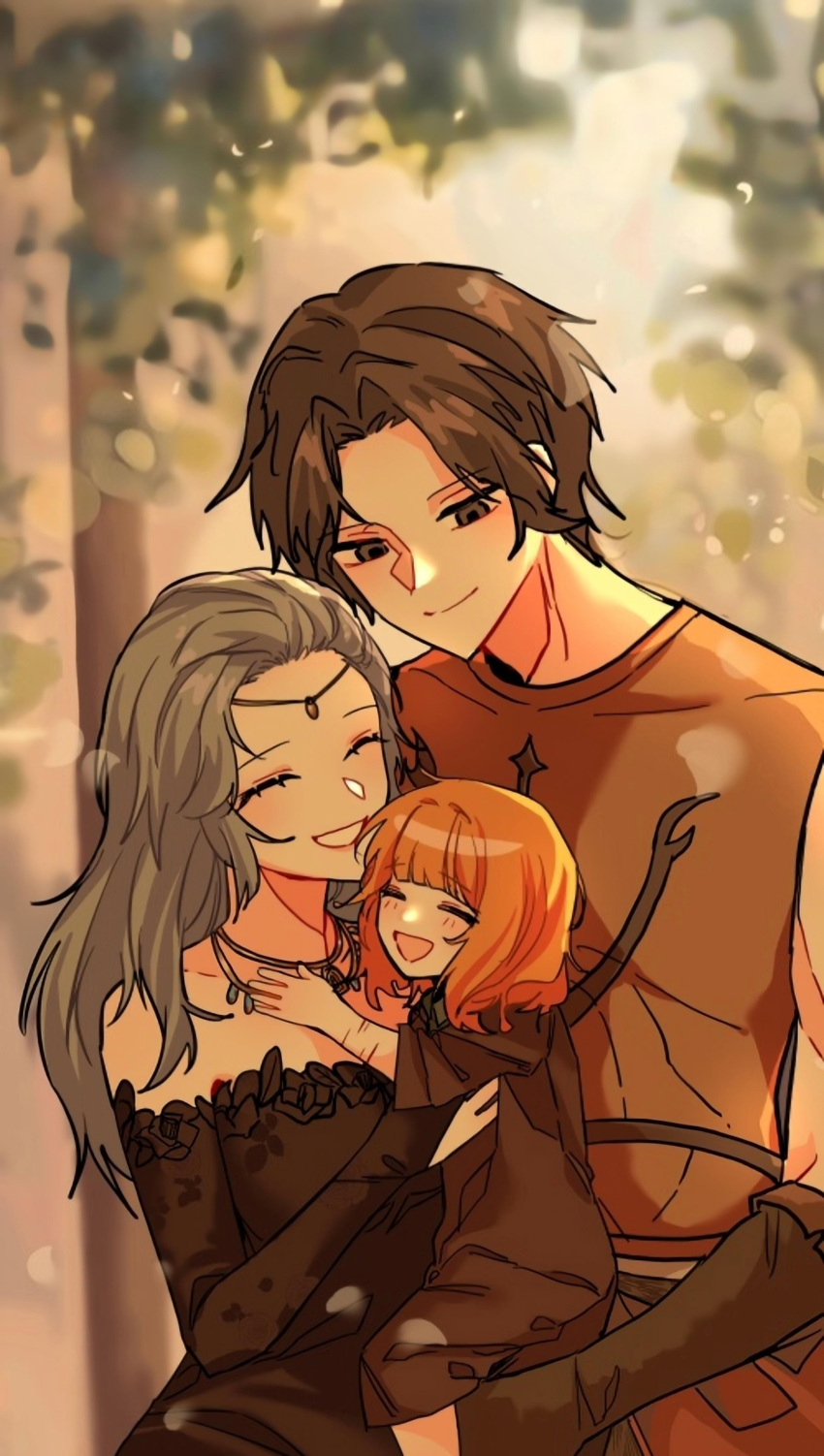 1boy, 2girls, absurdres, aged_down, armor, bare_shoulders, black_dress, black_gloves