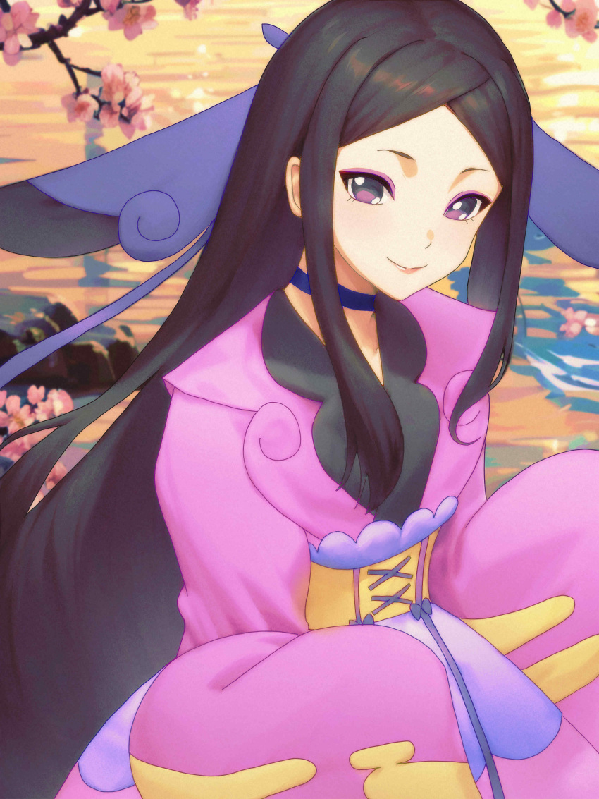 1girl, absurdres, black_hair, blue_choker, choker, closed_mouth, eyeliner, goromochan