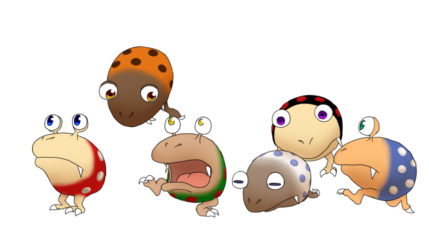 blue_eyes, bulborb, closed_eyes, commentary_request, fang, fang_out, fiery_bulblax, hairy_bulborb, leg_up, lying, no_humans, on_stomach, open_mouth, orange_bulborb, pikmin_(series), polka_dot, simple_background, snow_bulborb, spotty_bulbear, white_background, yamato_koara