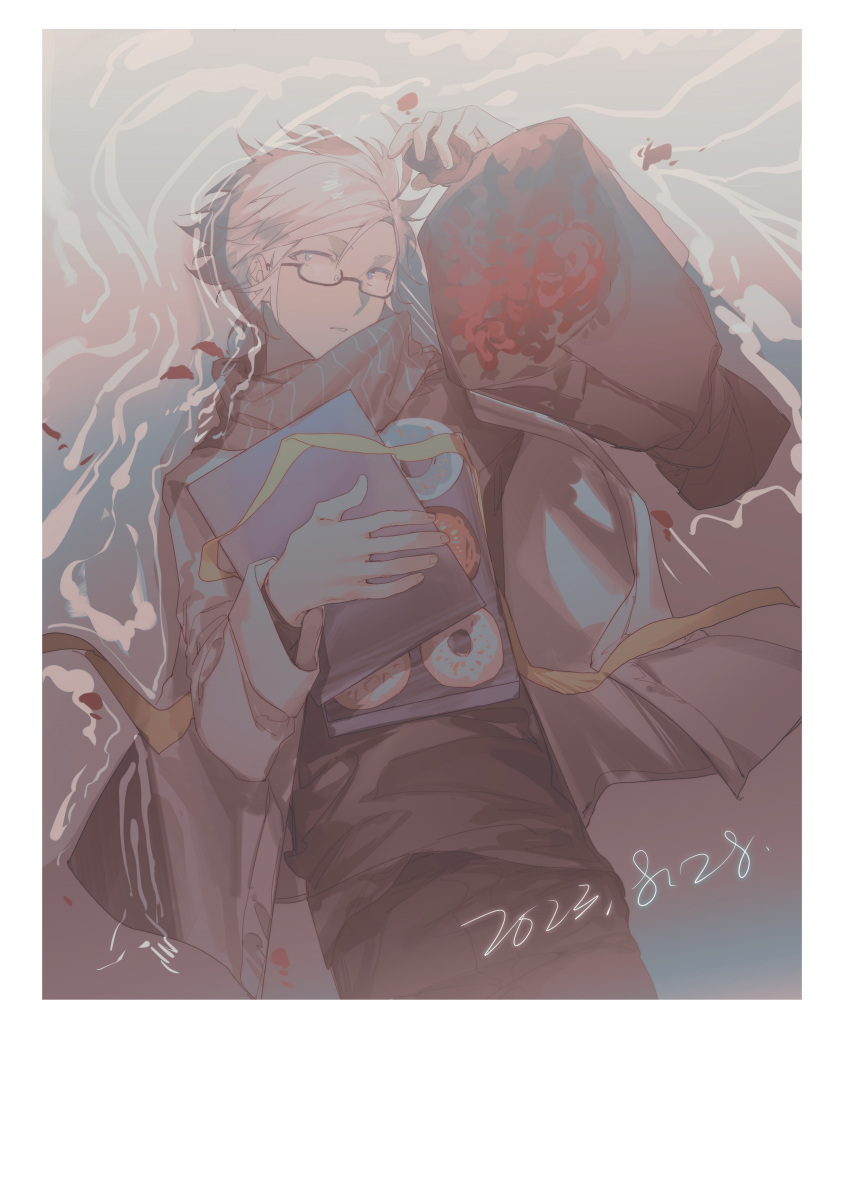 1boy, absurdres, black_pants, black_shirt, blue_eyes, border, bouquet, chinese_commentary