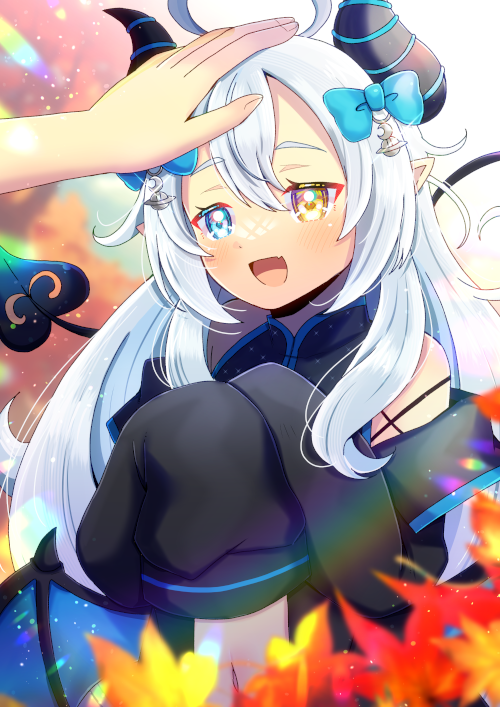 1girl, 1other, :d, akugaki_koa, antenna_hair, autumn_leaves, bare_shoulders, black_jacket