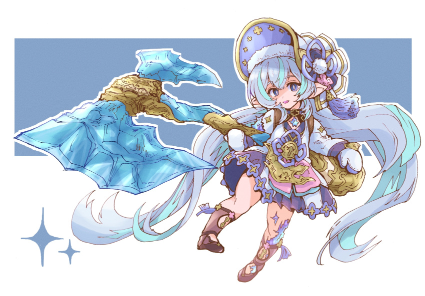 1girl, axe, bonnet, dress, gloves, granblue_fantasy, green_hair, hair_between_eyes