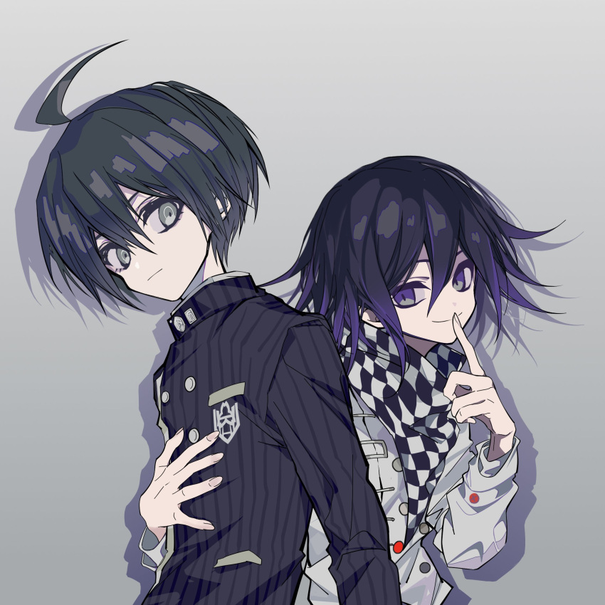 2boys, ahoge, bishounen, black_hair, buttons, checkered_clothes, checkered_scarf, commentary_request