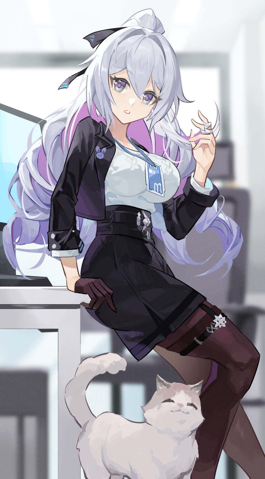 1girl, absurdres, black_gloves, black_jacket, black_pantyhose, black_skirt, breasts, bronya_zaychik