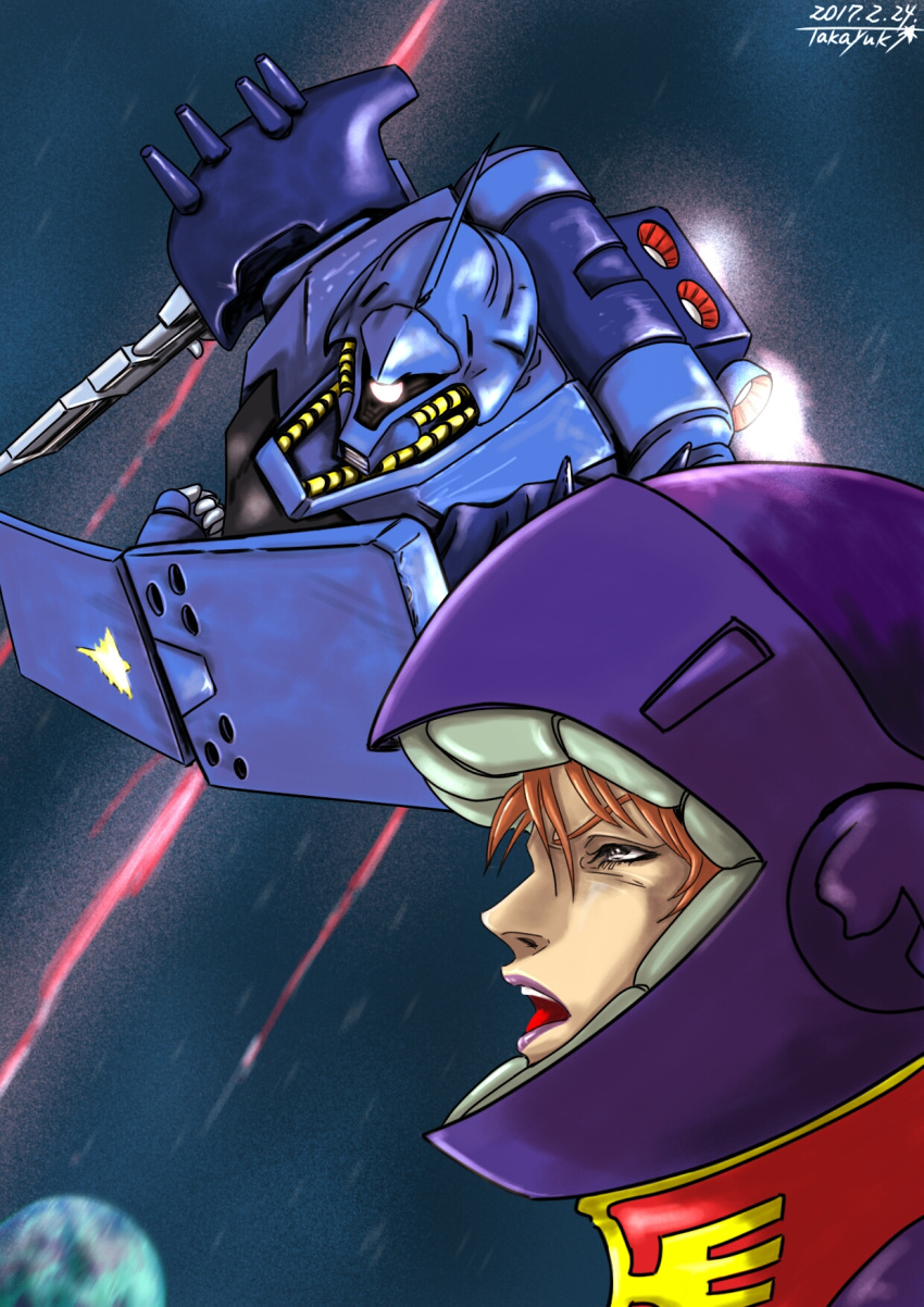 1girl, 2017, battle, blurry, blurry_background, brown_hair, char's_counterattack, commentary_request