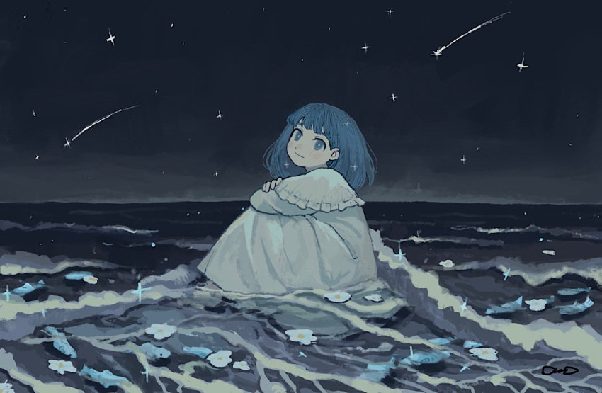 blue_eyes, blue_hair, blunt_bangs, closed_mouth, comet, commentary_request, crossed_arms, dress