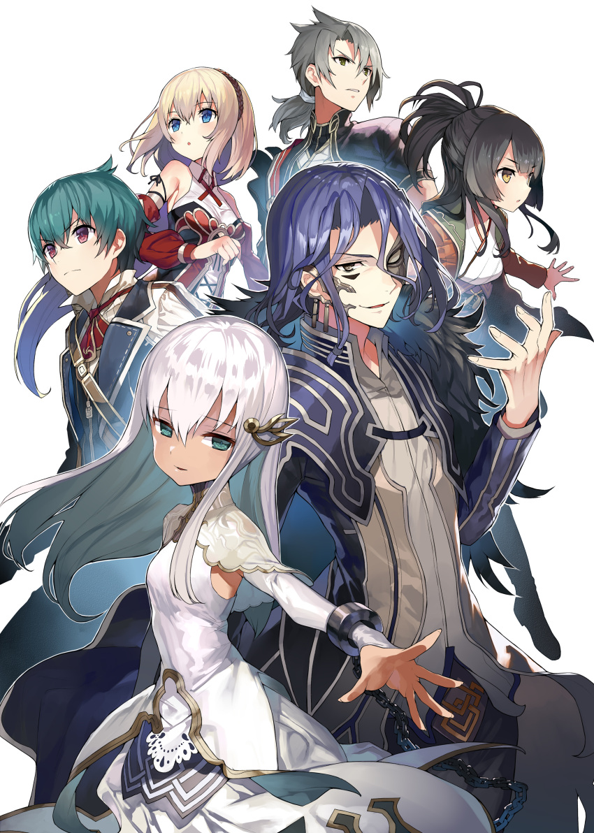 3boys, 3girls, absurdres, aqua_hair, black_hair, blonde_hair, blue_eyes, blue_hair, breasts, chain, curly_(grimms_notes), detached_sleeves, empty_eyes, ex_(grimms_notes), fur_trim, gaou_(umaiyo_puyoman), green_eyes, grey_hair, grimms_notes, highres, loki_(grimms_notes), long_hair, mask_over_one_eye, multiple_boys, multiple_girls, novel_illustration, official_art, open_mouth, ponytail, red_eyes, reina_(grimms_notes), shane_(grimms_notes), short_hair, simple_background, smile, tao_(grimms_notes), white_background, white_hair, yellow_eyes