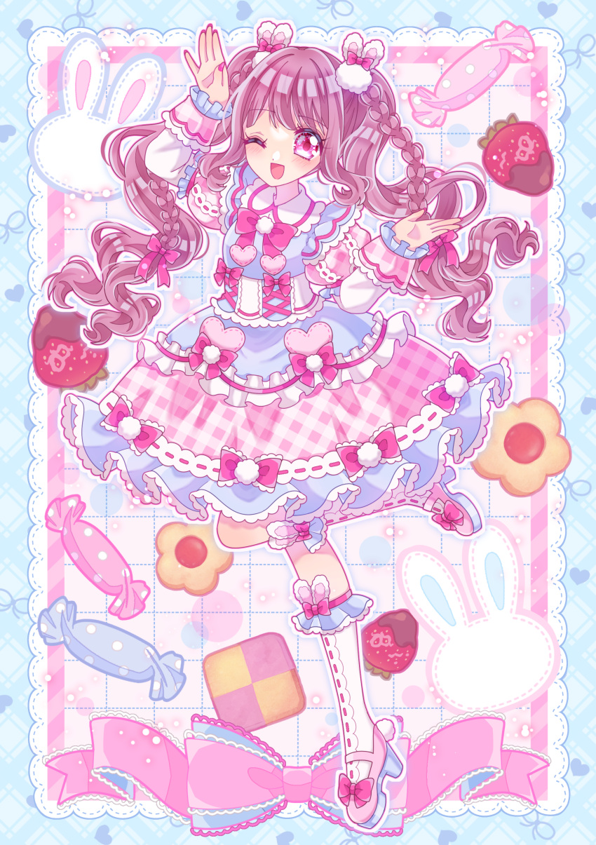 1girl, :d, absurdres, blue_dress, blush, bow, braid, brown_hair