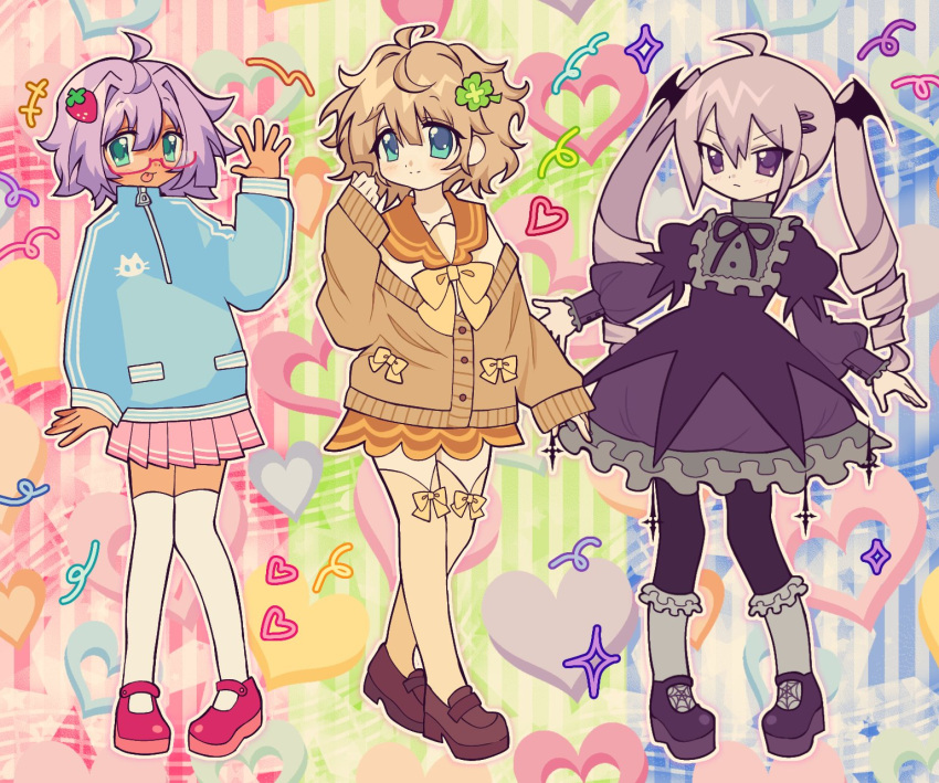 3girls, ahoge, aqua_eyes, bespectacled, black_dress, black_footwear, black_jacket, blonde_hair