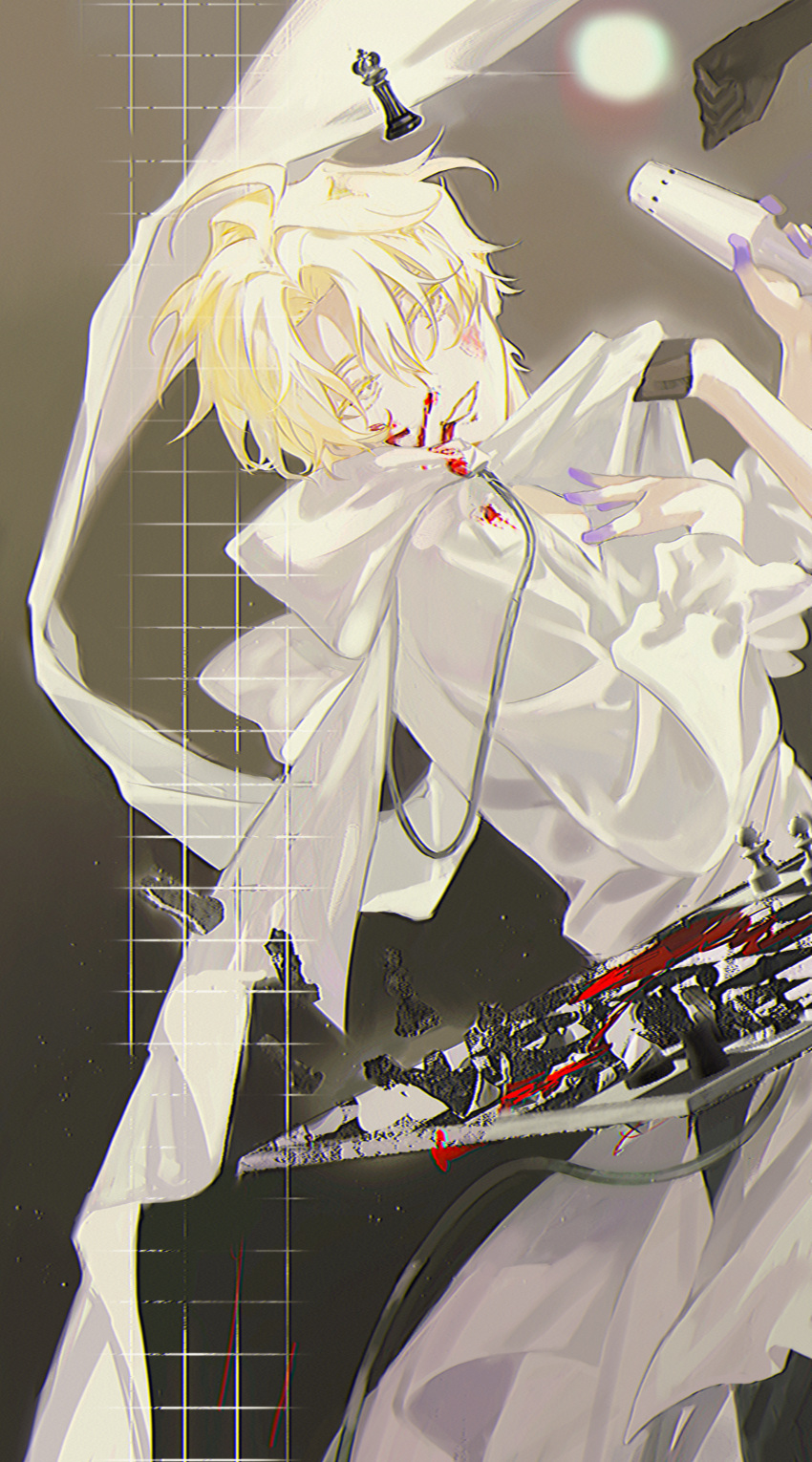 1boy, absurdres, alien_stage, blonde_hair, blood, blood_on_clothes, blood_on_face, chess_piece