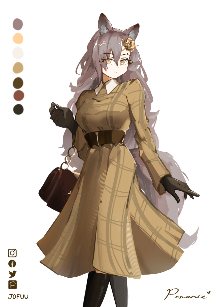 1girl, animal_ears, arknights, artist_name, bag, black_pantyhose, brown_gloves, brown_hair