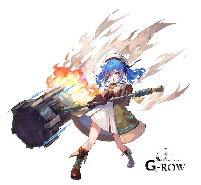 1girl, aqua_eyes, backpack, bag, blue_hair, brown_footwear, brown_gloves, commentary_request