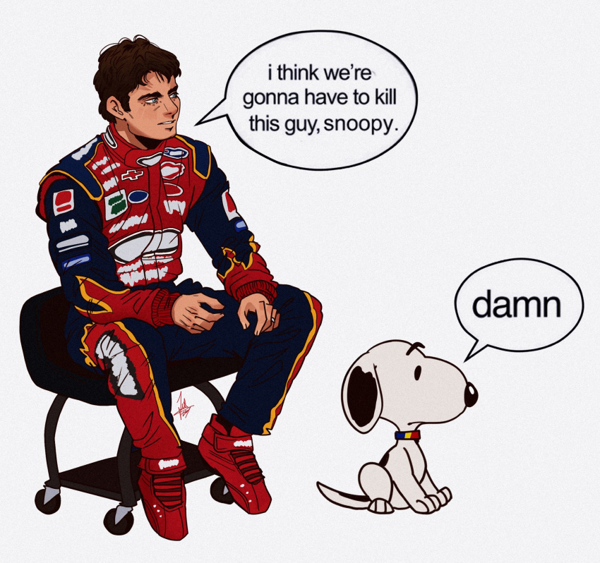 1boy, black_eyes, blue_eyes, brown_hair, chevrolet, crossover, dog, english_commentary, english_text, hair_behind_ear, highres, i_think_we're_gonna_have_to_kill_this_guy_steven_(meme), jeff_gordon, logo, looking_to_the_side, male_focus, meme, nascar, parted_lips, peanuts_(comic), racing_suit, real_life, red_footwear, schumisnoopy, shoes, signature, sitting, sneakers, snoopy