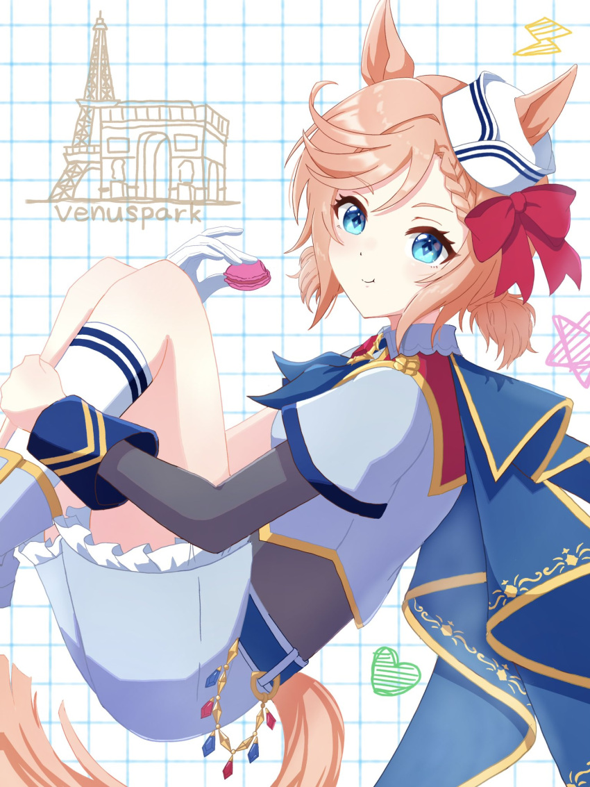 1girl, animal_ears, blue_eyes, blush, braid, character_name, closed_mouth, eating