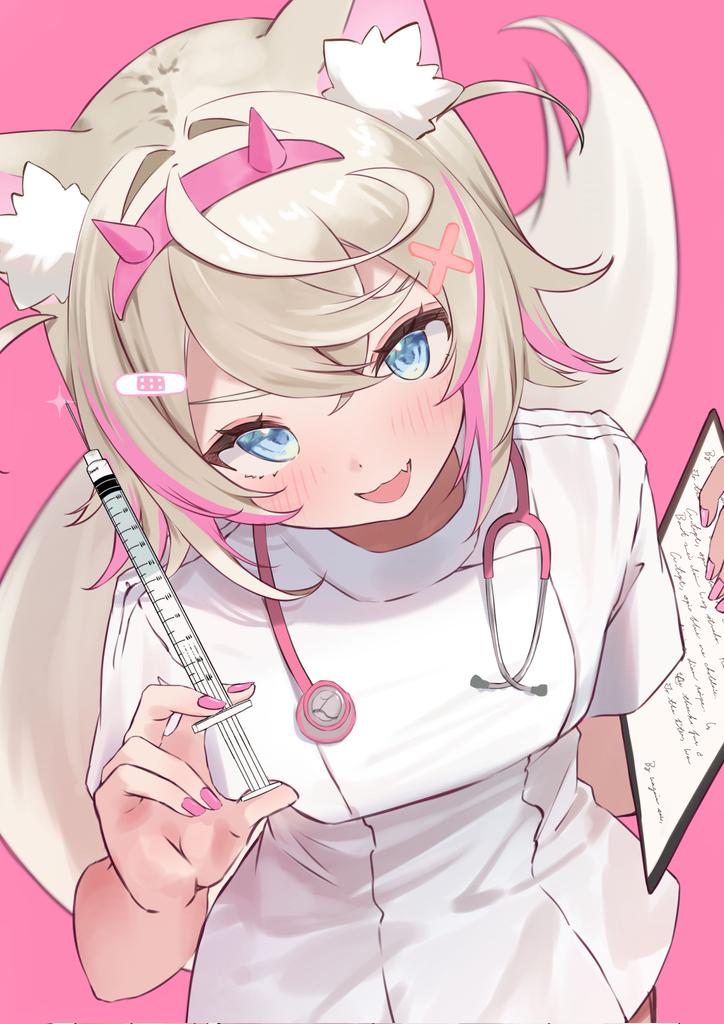 1girl, animal_ears, bandaid, bandaid_hair_ornament, blue_eyes, blush, breasts, clipboard