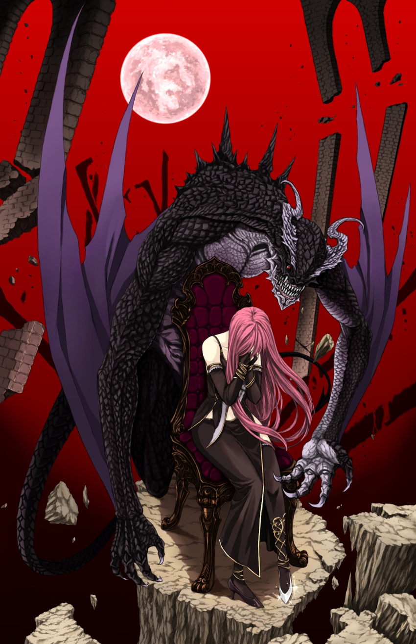 broken_ground, cendrillon_(vocaloid), chair, covering_face, creature, demon, full_moon, highres