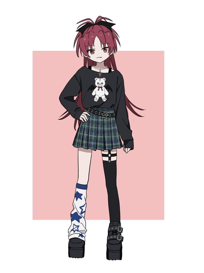 1girl, asymmetrical_legwear, bigrabbitcookie, black_ribbon, black_shirt, checkered_clothes, checkered_skirt, hair_ribbon, highres, long_hair, mahou_shoujo_madoka_magica, mismatched_legwear, ponytail, red_background, red_eyes, redhead, ribbon, sakura_kyoko, shirt, skirt, solo, straight-on