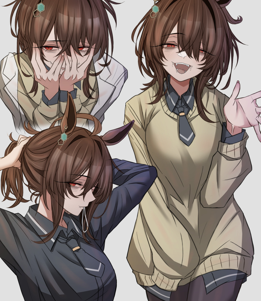 1girl, absurdres, agnes_tachyon_(umamusume), animal_ears, arms_behind_head, arms_up, bags_under_eyes, black_necktie, black_pantyhose, black_shirt, blue_hair, chemical_structure, closed_mouth, coat, collared_coat, collared_shirt, covering_face, earrings, fangs, hair_between_eyes, hair_tie_in_mouth, hand_up, hands_on_own_face, highres, horse_ears, horse_girl, jewelry, lab_coat, leogust, long_sleeves, looking_at_viewer, messy_hair, mouth_hold, necktie, open_clothes, open_coat, open_mouth, pantyhose, red_eyes, shirt, shirt_under_sweater, short_necktie, short_ponytail, sidelocks, simple_background, single_earring, smile, solo, sweater, textless_version, tying_hair, umamusume, variant_set, waving, white_background, white_coat, wolf_cut, yellow_sweater