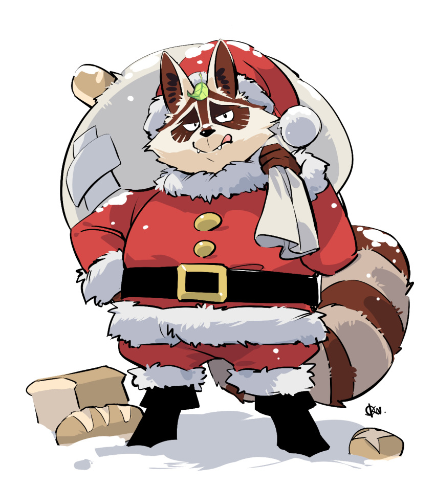 1boy, afk_(series), afk_arena, animal_ears, belly, belt, black_belt, black_footwear, bread, fangs, fat, food, fur-trimmed_headwear, fur-trimmed_pants, fur_trim, furry, furry_male, hat, highres, holding, holding_sack, leaf, leaf_on_head, looking_at_viewer, male_focus, okn_369, pants, plump, raccoon_boy, raccoon_ears, raccoon_tail, raku_(afk_arena), sack, santa_costume, santa_hat, signature, stripes, tail, tongue, tongue_out, white_background