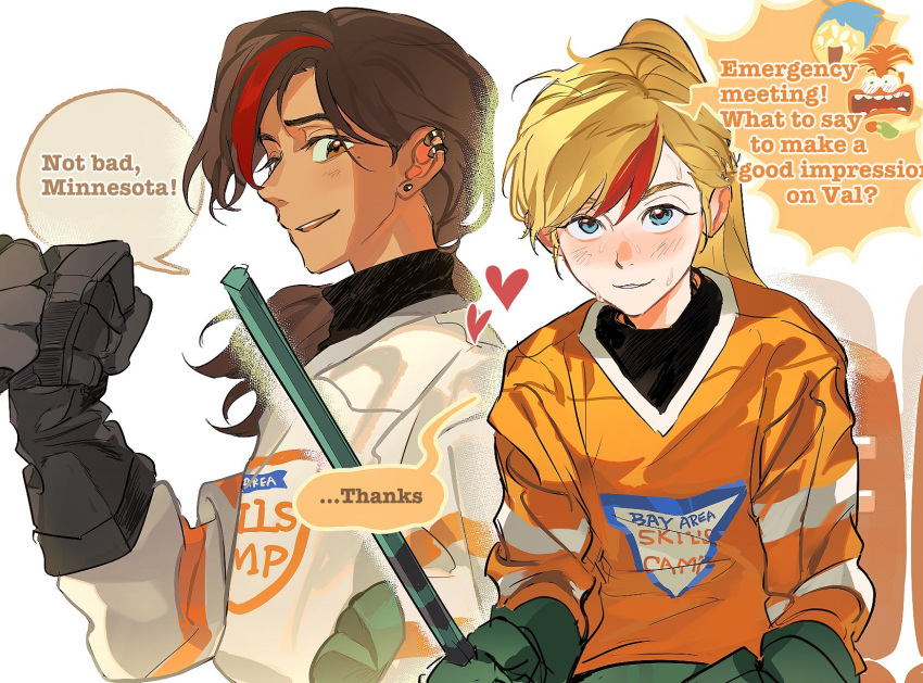 2girls, anxiety_(inside_out_2), blonde_hair, blue_eyes, blush, brown_eyes, brown_hair, ear_piercing, earrings, hair_dye, heart, highres, hockey_gloves, hockey_stick, hockey_sweater, hockey_uniform, holding_hockey_stick, inside_out, inside_out_2, jewelry, jocy3, joy_(inside_out), long_hair, multicolored_hair, multiple_girls, open_mouth, piercing, ponytail, riley_andersen, simple_background, smile, speech_bubble, sweat, valentina_ortiz, white_background, yuri