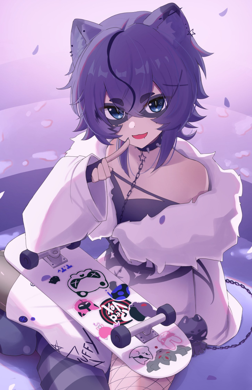 1girl, animal_ears, blue_eyes, bokuboyarts, choker, fingerless_gloves, from_above, fur_trim