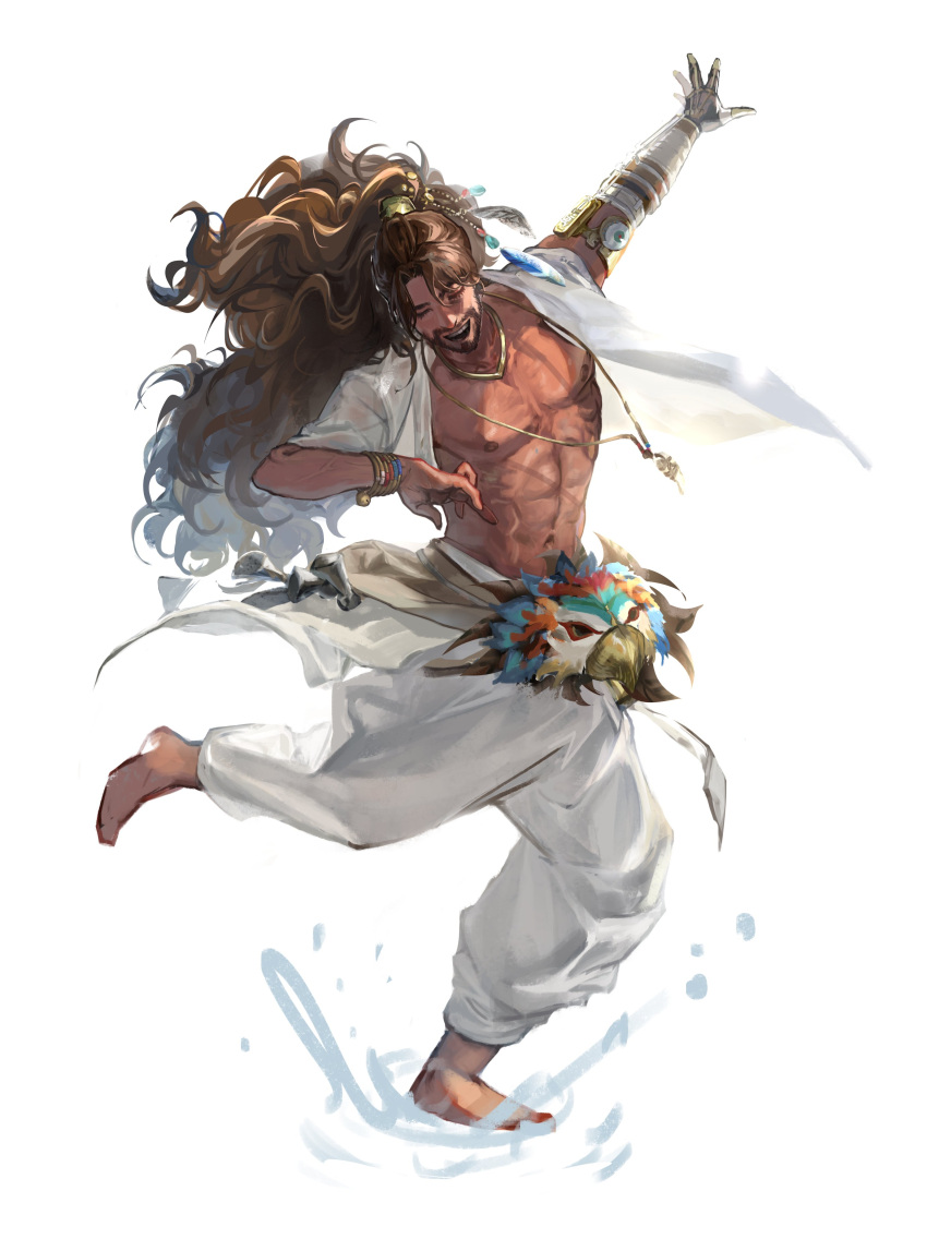 1boy, absurdres, bangle, barefoot, beard, bracelet, closed_eyes, dancing