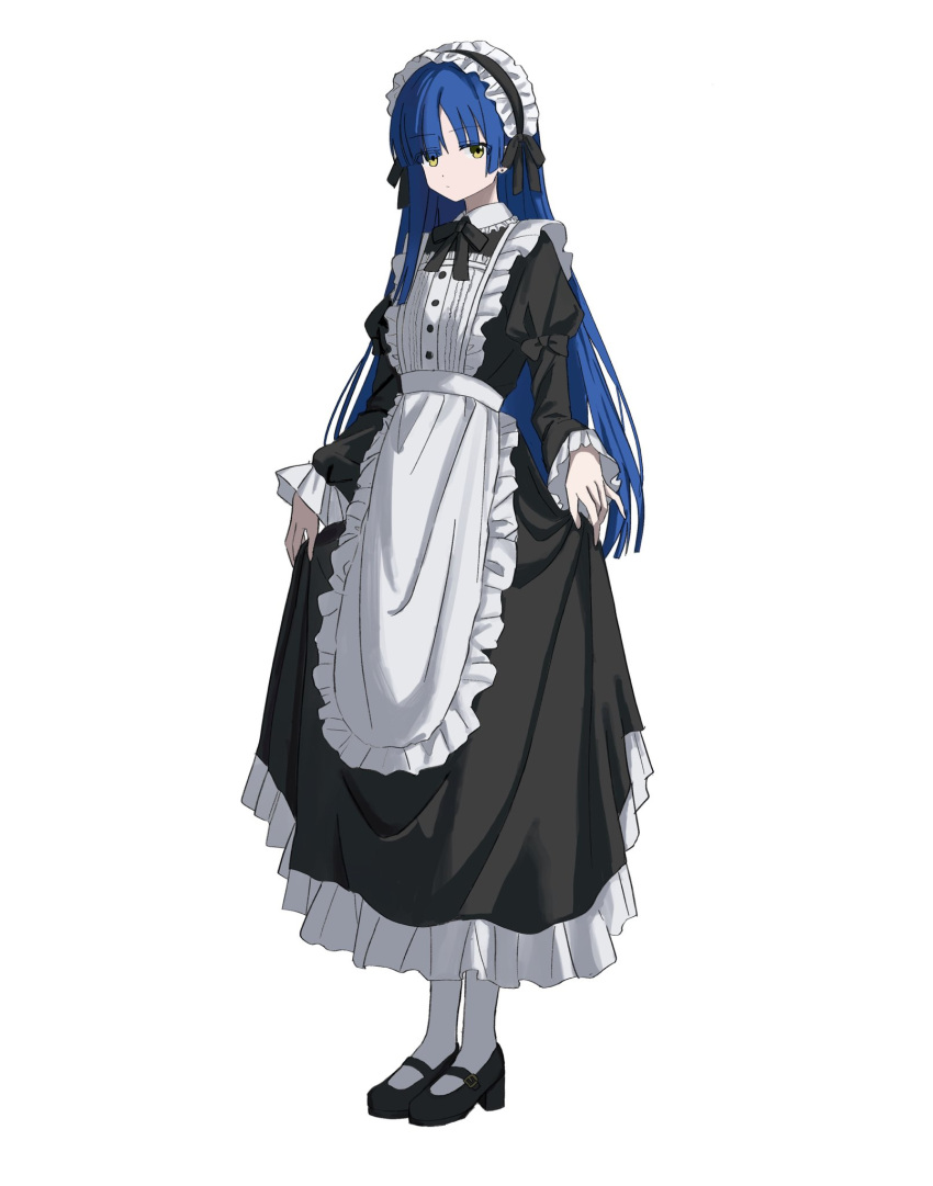 1girl, apron, bigrabbitcookie, black_dress, blue_hair, bocchi_the_rock!, dress, full_body, highres, long_hair, looking_at_viewer, maid_apron, maid_headdress, mary_janes, shoes, socks, solo, waist_apron, white_background, white_socks, yamada_ryo, yellow_eyes