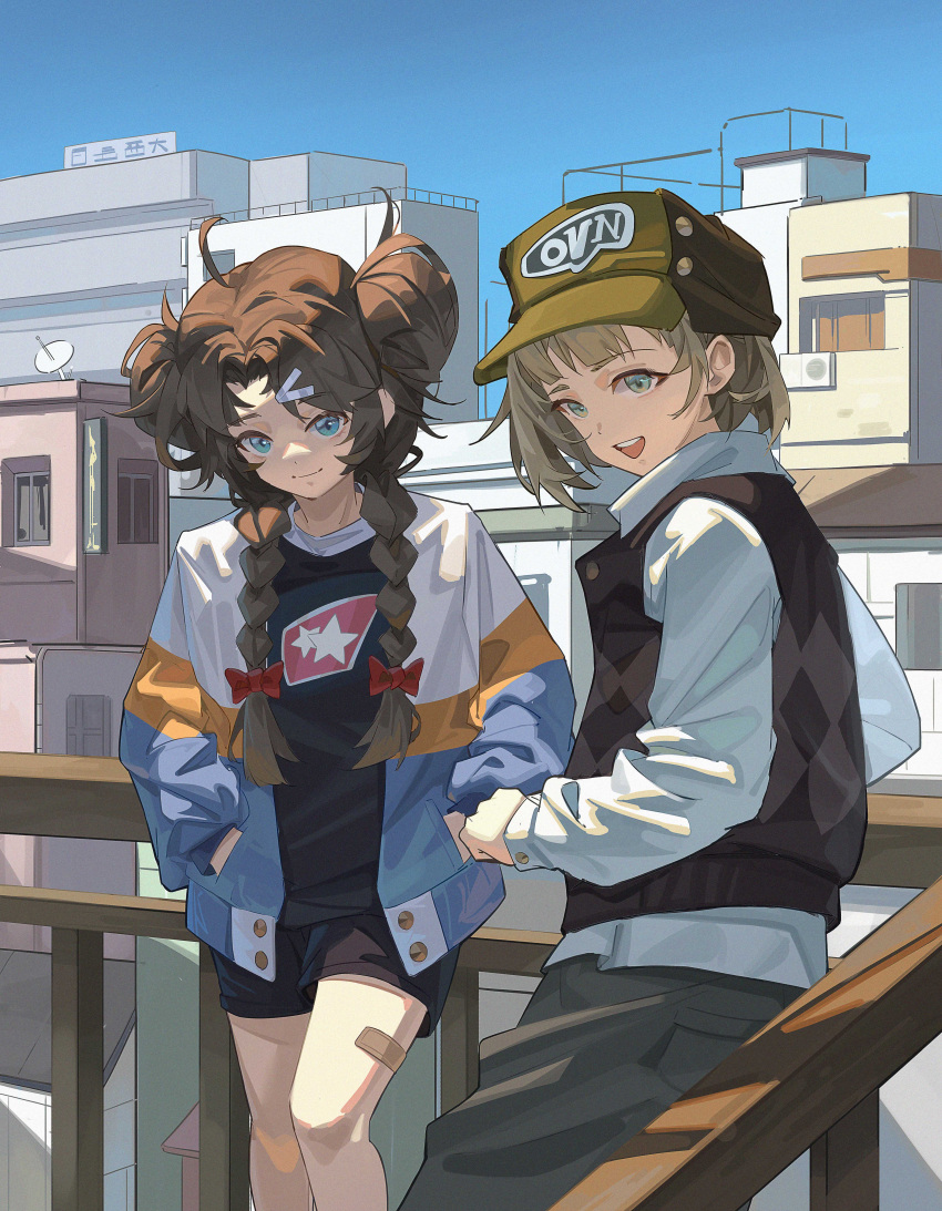 1boy, 1girl, :d, absurdres, against_railing, ahoge, alternate_costume, argyle_clothes