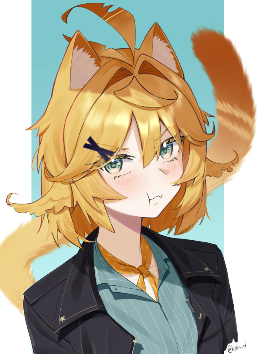 1girl, :t, ahoge, animal_ears, aqua_eyes, aqua_shirt, black_jacket, blonde_hair