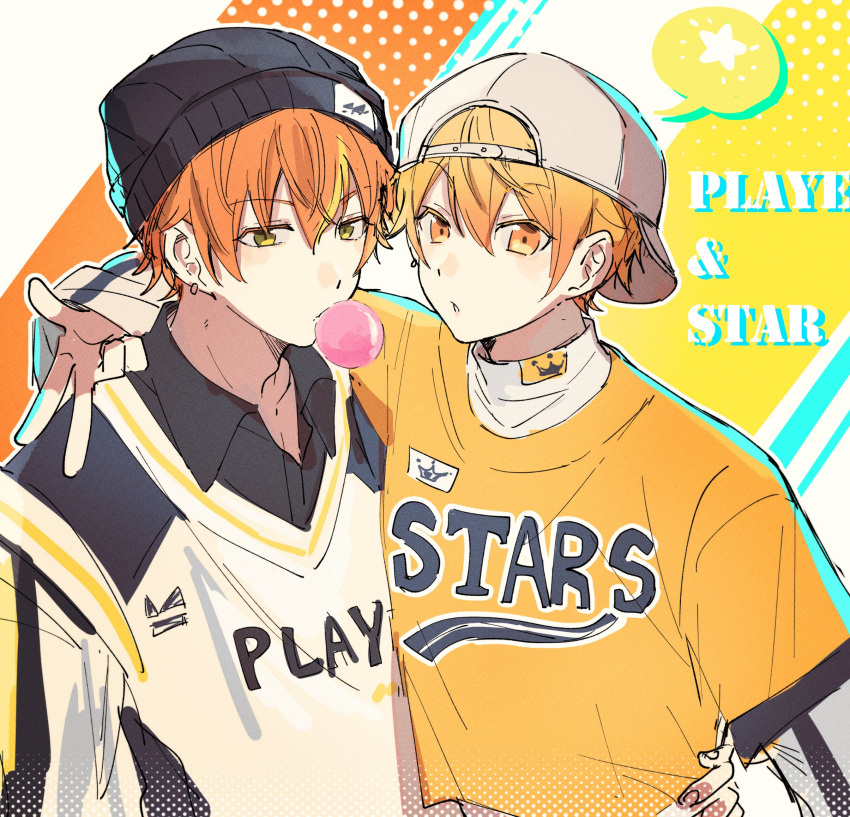 2boys, backwards_hat, baseball_cap, beanie, black_hat, black_shirt, blonde_hair, chewing_gum, clothes_writing, collared_shirt, commentary, fuyunoniwapjsk, hair_between_eyes, halftone, halftone_background, hat, highres, layered_sleeves, long_sleeves, male_focus, multicolored_background, multicolored_hair, multiple_boys, open_collar, orange_background, orange_eyes, orange_hair, orange_shirt, parted_lips, project_sekai, shinonome_akito, shirt, short_hair, short_over_long_sleeves, short_sleeves, single_bare_shoulder, spoken_star, star_(symbol), stencil_lettering, streaked_hair, streetwear, symbol-only_commentary, tenma_tsukasa, turtleneck, upper_body, v-neck, white_background, white_hat, white_shirt, white_sleeves, yellow_eyes