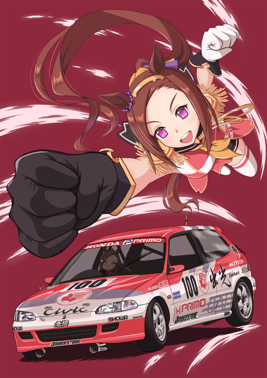 1girl, :d, animal_ears, asymmetrical_gloves, black_gloves, bridgestone, brown_hair, car