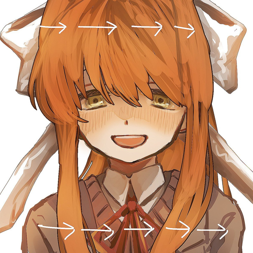 1girl, bow, brown_hair, brown_sweater_vest, collared_shirt, doki_doki_literature_club, green_eyes, grey_jacket, hair_bow, highres, jacket, lapels, long_hair, monika_(doki_doki_literature_club), notched_lapels, open_mouth, ponytail, shirt, simple_background, smile, solo, sweater_vest, upper_body, very_long_hair, vmein_46, white_background, white_bow, white_shirt
