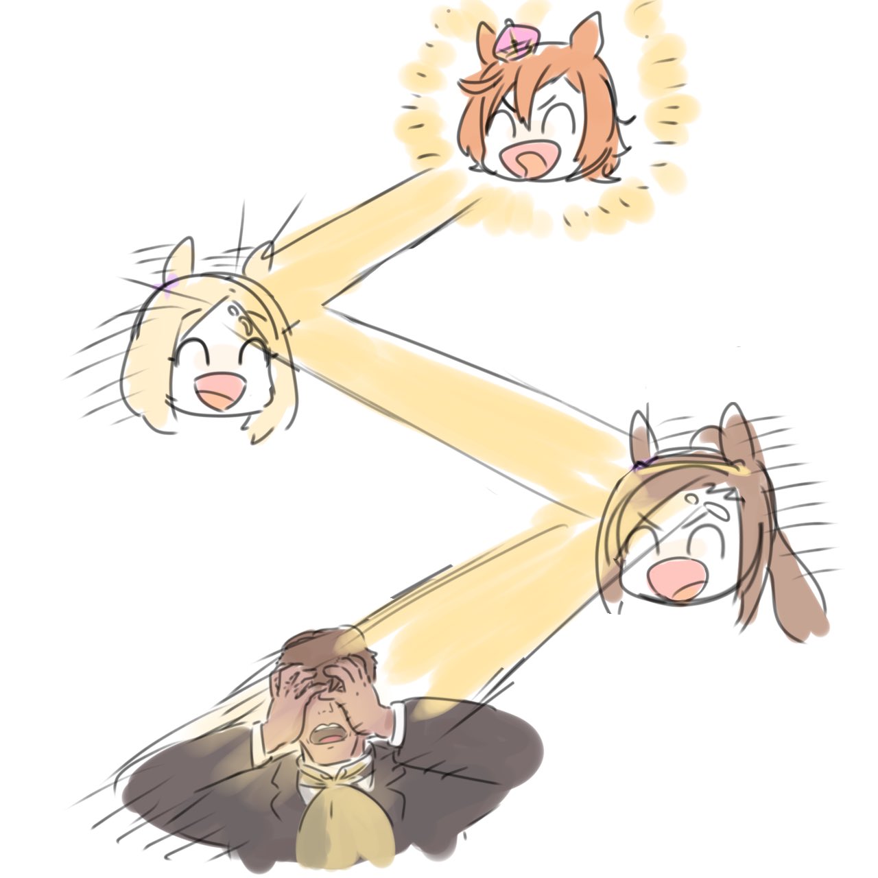 1boy, 3girls, ?, ^_^, animal_ears, blonde_hair, brown_hair, closed_eyes
