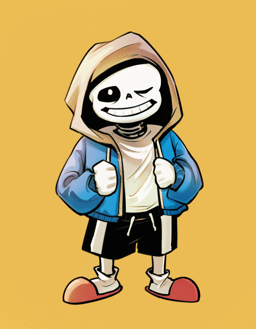 1boy, 2024, 2d, black_pants, blue_jacket, digital_media, drawstring, full_body, highres, hood, hood_up, hooded_jacket, humanoid, jacket, kaisaniku, male, male_focus, male_only, monster, monster_boy, one_eye_closed, orange_background, pants, pink_slippers, sans_(undertale), simple_background, skeleton, slippers, socks, solo, teeth, undead, undertale, utdr_(toby_fox), variant_set