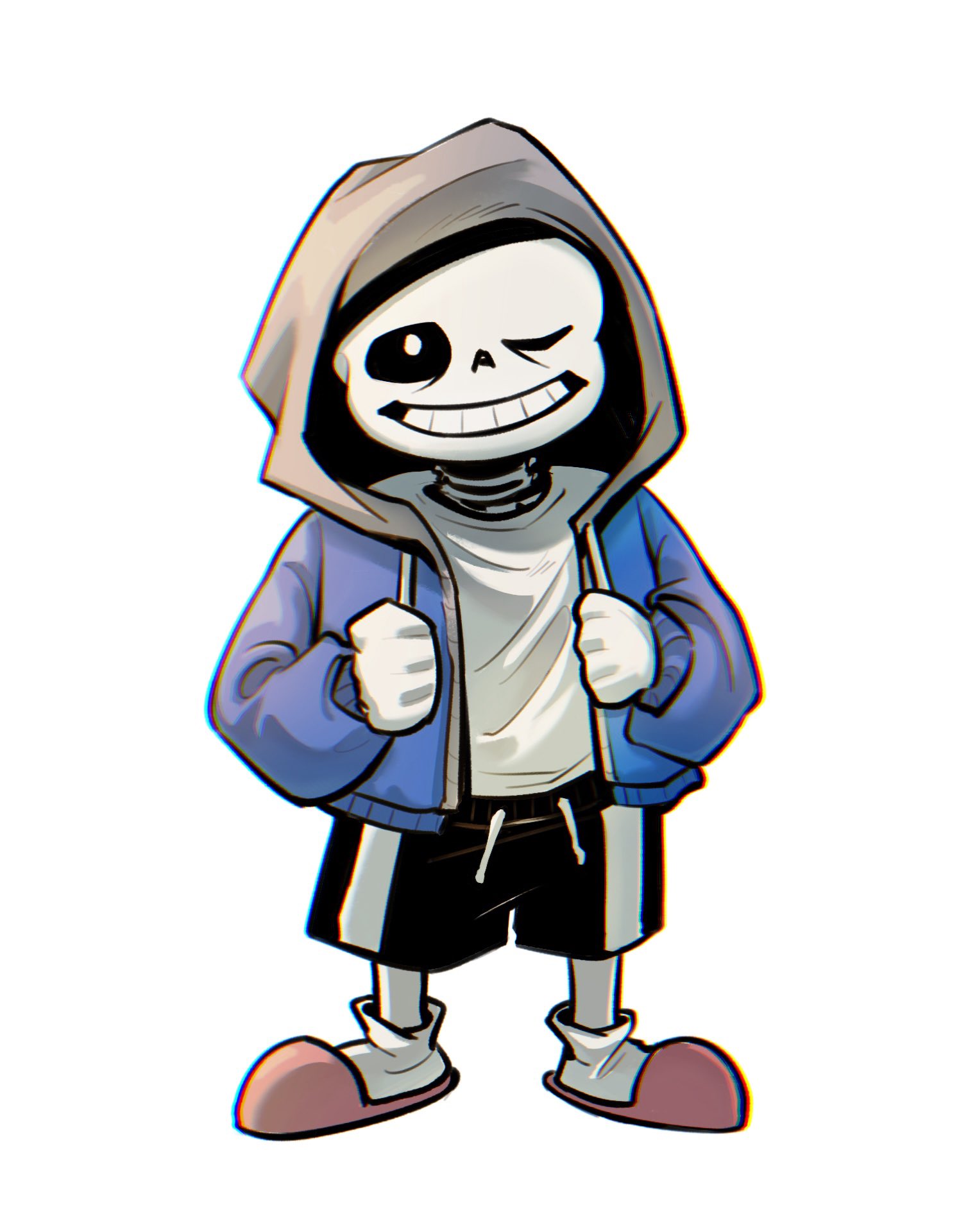 1boy, 2024, 2d, black_pants, blue_jacket, chromatic_aberration, digital_media, drawstring, full_body, highres, hood, hood_up, hooded_jacket, humanoid, jacket, kaisaniku, male, male_focus, male_only, monster, monster_boy, one_eye_closed, pants, pink_slippers, sans_(undertale), simple_background, skeleton, slippers, socks, solo, teeth, undead, undertale, utdr_(toby_fox), variant_set, white_background