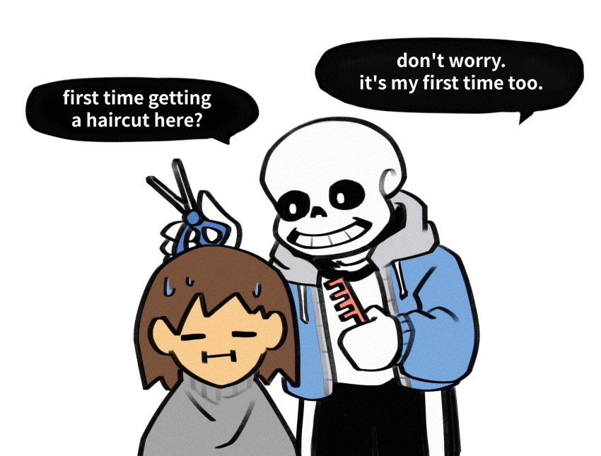 1boy, 1other, 2024, 2d, =_=, ambiguous_gender, black_pants, blue_jacket, brown_hair, comb, digital_media, drawstring, duo, english_text, frisk_(undertale), highres, holding_comb, holding_scissors, hood, hood_down, hooded_jacket, human, humanoid, jacket, kaisaniku, male, monster, monster_boy, pants, sans_(undertale), scissors, short_hair, simple_background, skeleton, speech_bubble, sweat, talking, text, undead, undertale, upper_body, utdr_(toby_fox), white_background