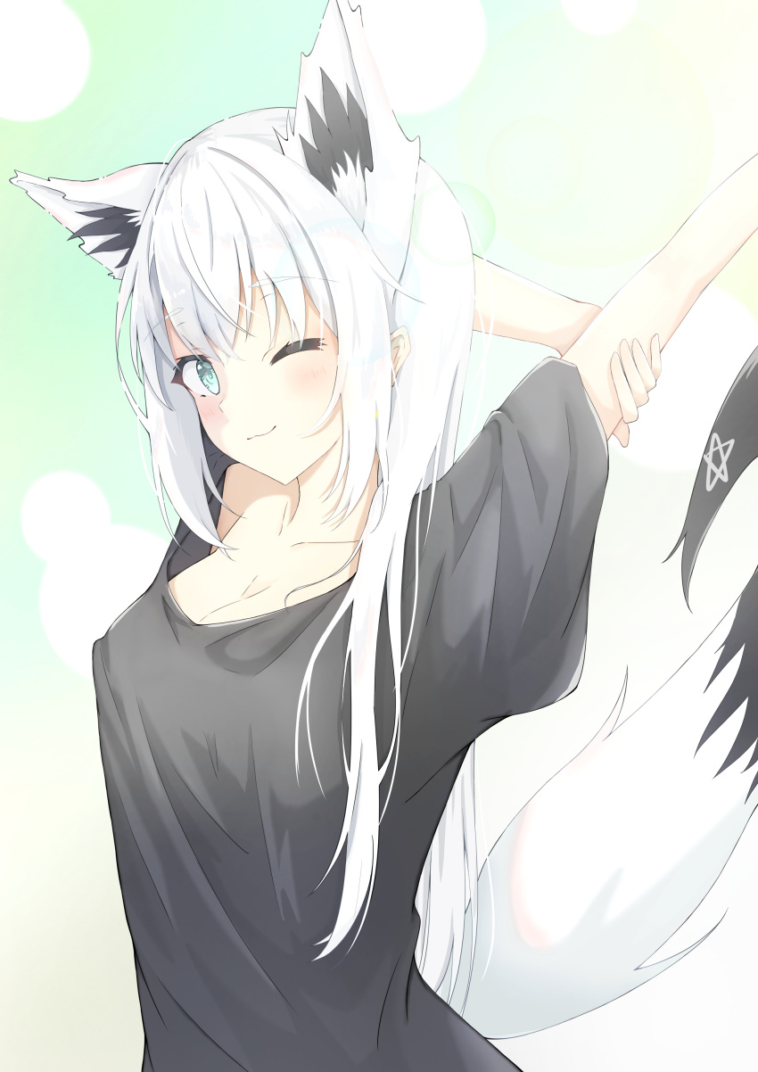 1girl, absurdres, alternate_costume, animal_ear_fluff, animal_ears, aqua_eyes, arms_up, black_shirt, blush, breasts, chikuwa_(user_kngc4387), closed_mouth, commentary, fox_ears, fox_girl, fox_tail, highres, hololive, long_hair, looking_at_viewer, one_eye_closed, pentagram, shirakami_fubuki, shirt, short_sleeves, sidelocks, simple_background, smile, solo, stretching, t-shirt, tail, upper_body, virtual_youtuber, white_hair