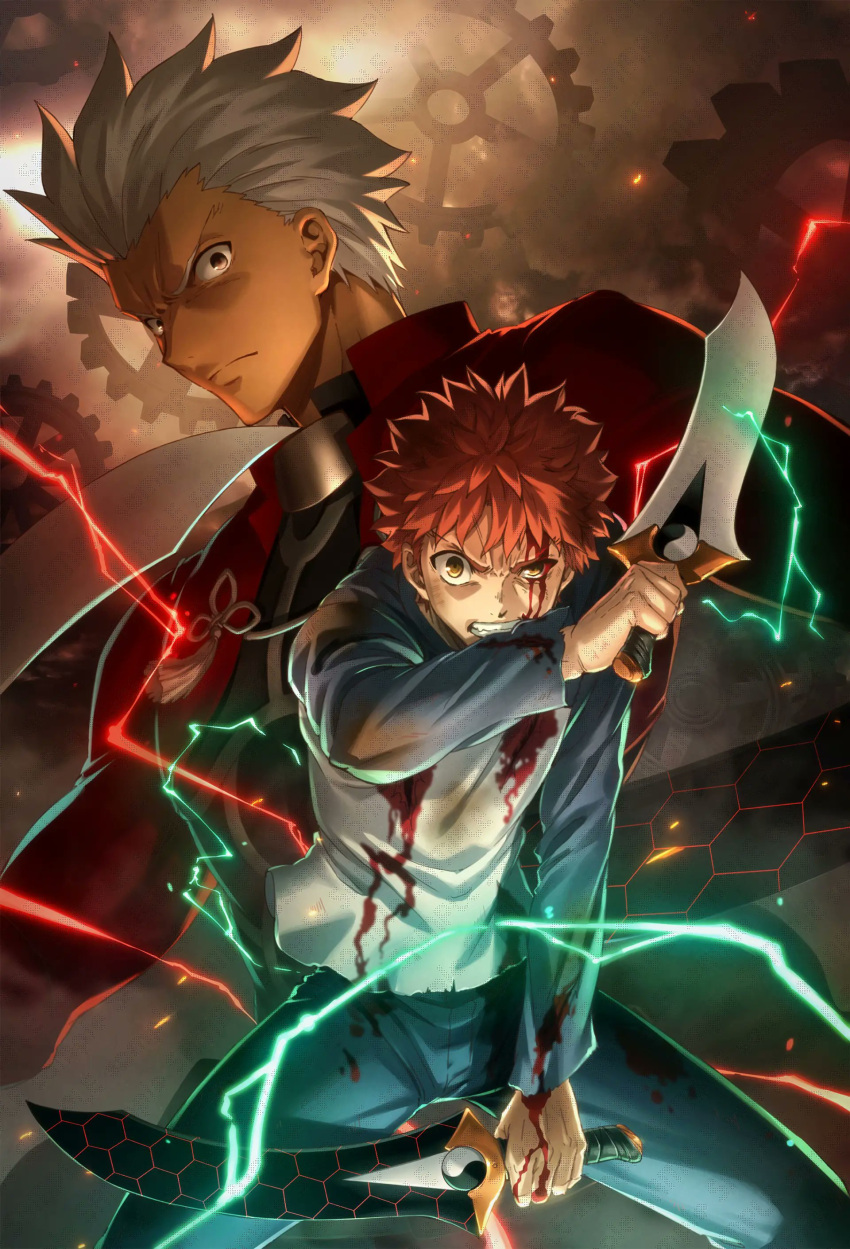 1boy, 2boys, absurdres, archer_(fate), command_spell, dark-skinned_male, dark_skin, emiya_shirou