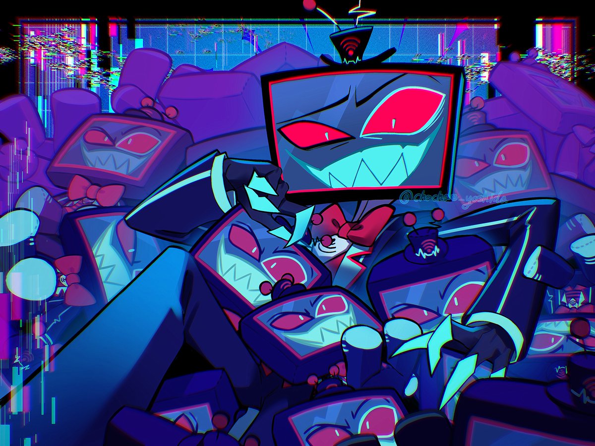 1boy, black_hat, black_skin, blue_jacket, blue_pants, blue_pupils, bow, bowtie, character_doll, colored_skin, glitch, hakanako, hat, hazbin_hotel, jacket, long_sleeves, male_focus, mini_hat, object_head, open_clothes, open_jacket, pants, red_bow, red_bowtie, red_eyes, red_shirt, sharp_teeth, shirt, smile, solo, striped_clothes, teeth, twitter_username, vox_(hazbin_hotel), wi-fi_symbol