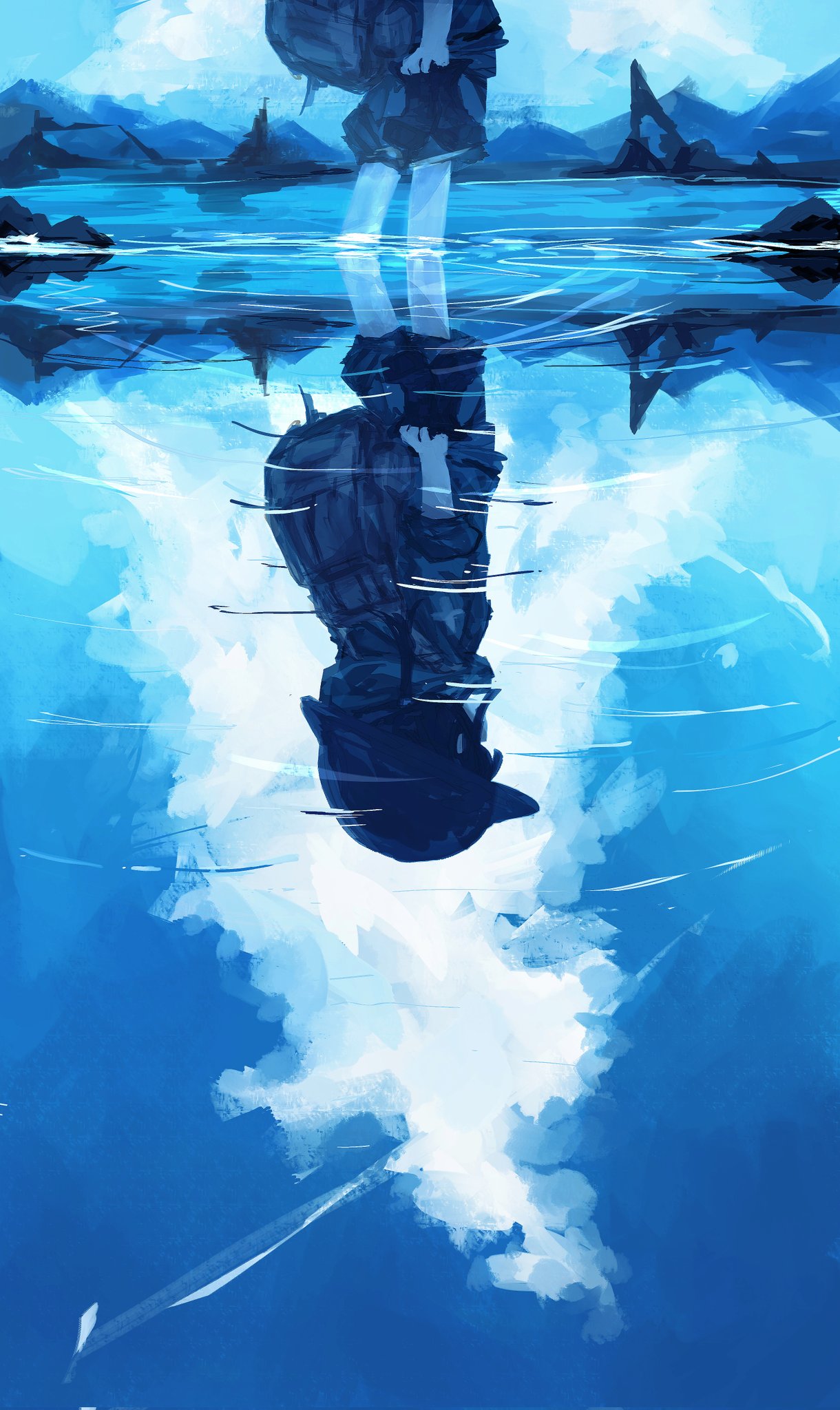 1girl, backpack, bag, blue_sky, chito_(shoujo_shuumatsu_ryokou), clouds, commentary, day