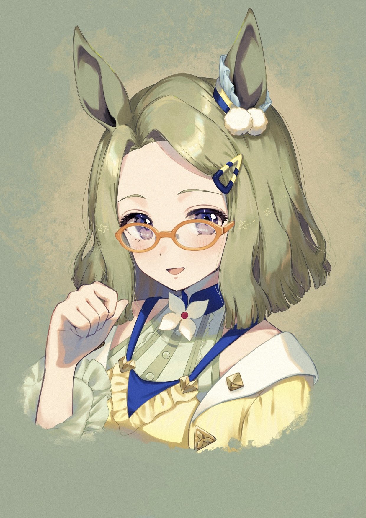 1girl, air_messiah_(umamusume), blush, breasts, clenched_hand, commentary_request, flower, glasses